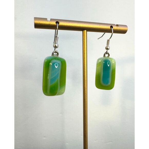 Artisan made Teal & Green Glass Dangle Earrings - Picture 2 of 5